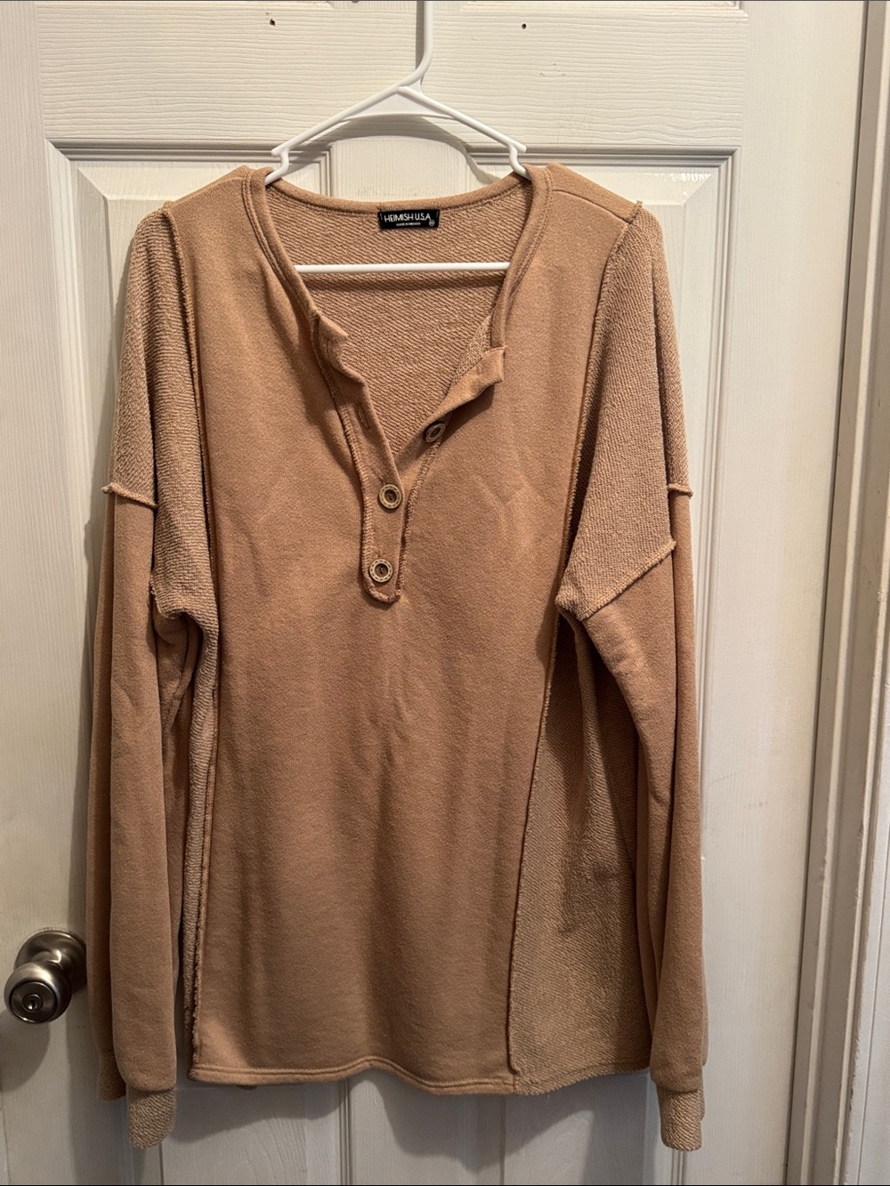 Heimish USA Tan Oversized Henley Top - Raw Edge Boho Sweatshirt